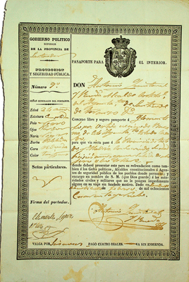 Pasaporte para el interior de Clemente López Ortiz. Santiurde de Toranzo (Cantabria).
24 de Febrero de 1849. Anverso con los datos personales del titular, las señas generales y particulares, su destino, profesión, fecha de expedición y validez. Pasaporte para el interior de Clemente López Ortiz. Santiurde de Toranzo (Cantabria).
24 de Febrero de 1849. Anverso con los datos personales del titular, las señas generales y particulares, su destino, profesión, fecha de expedición y validez.