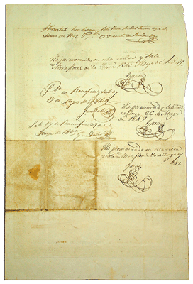 Pasaporte para el interior de Clemente López Ortiz. Santiurde de Toranzo (Cantabria).
24 de Febrero de 1849. Reverso con los refrendos de las autoridades de los municipios donde pernoctó. Pasaporte para el interior de Clemente López Ortiz. Santiurde de Toranzo (Cantabria).
24 de Febrero de 1849. Reverso con los refrendos de las autoridades de los municipios donde pernoctó.